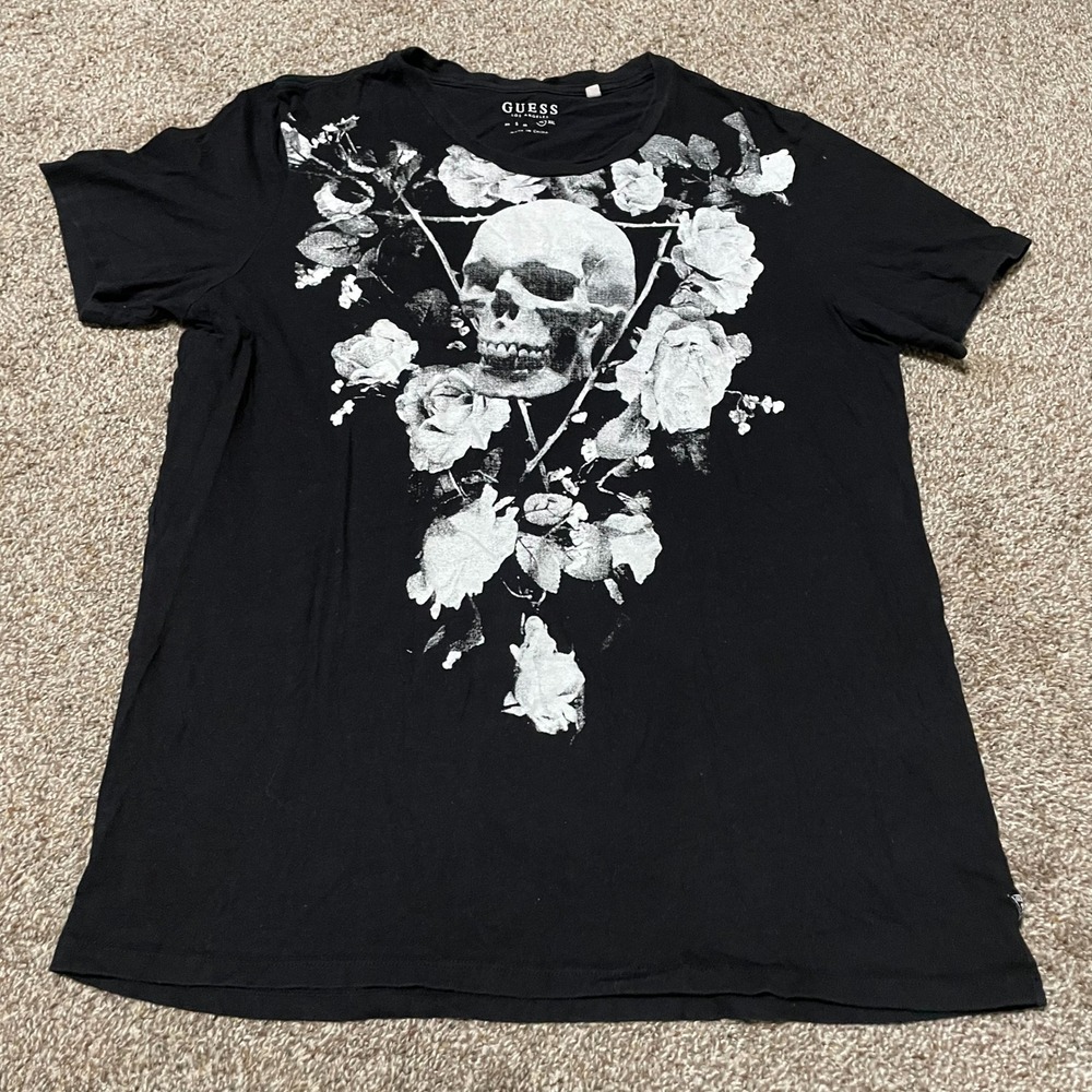Guess Los Angeles Black T-Shirt Skull Floral Graphic Mens Extra Large XL